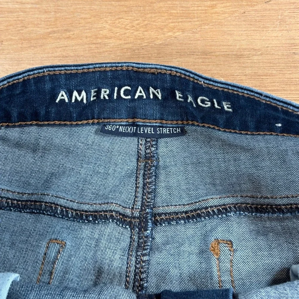 American Eagle Next Level Stretch Denim Shorts Medium Wash Raw Hem Size 14 Long